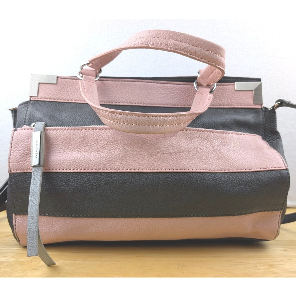 B. Makowsky Black and Pink Pebbled Leather Satchel Crossbody Bag Leopard Lining